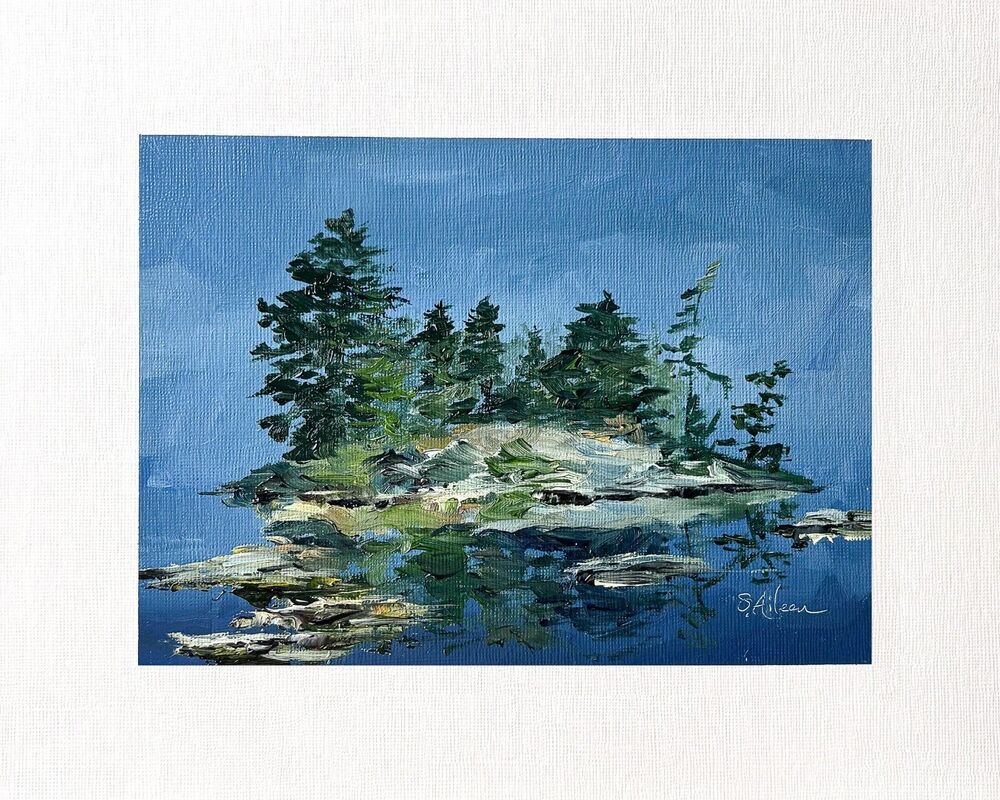 8x10 Original Oil Painting Seascape Nocturne Pines Ocean Island Deep Blue Signed